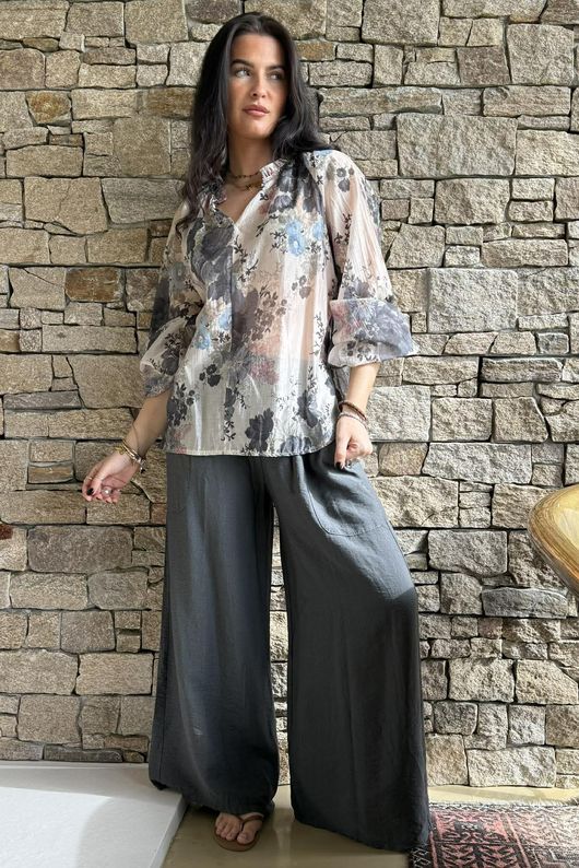 Rustic Peony Chintz Blouse Charcoal